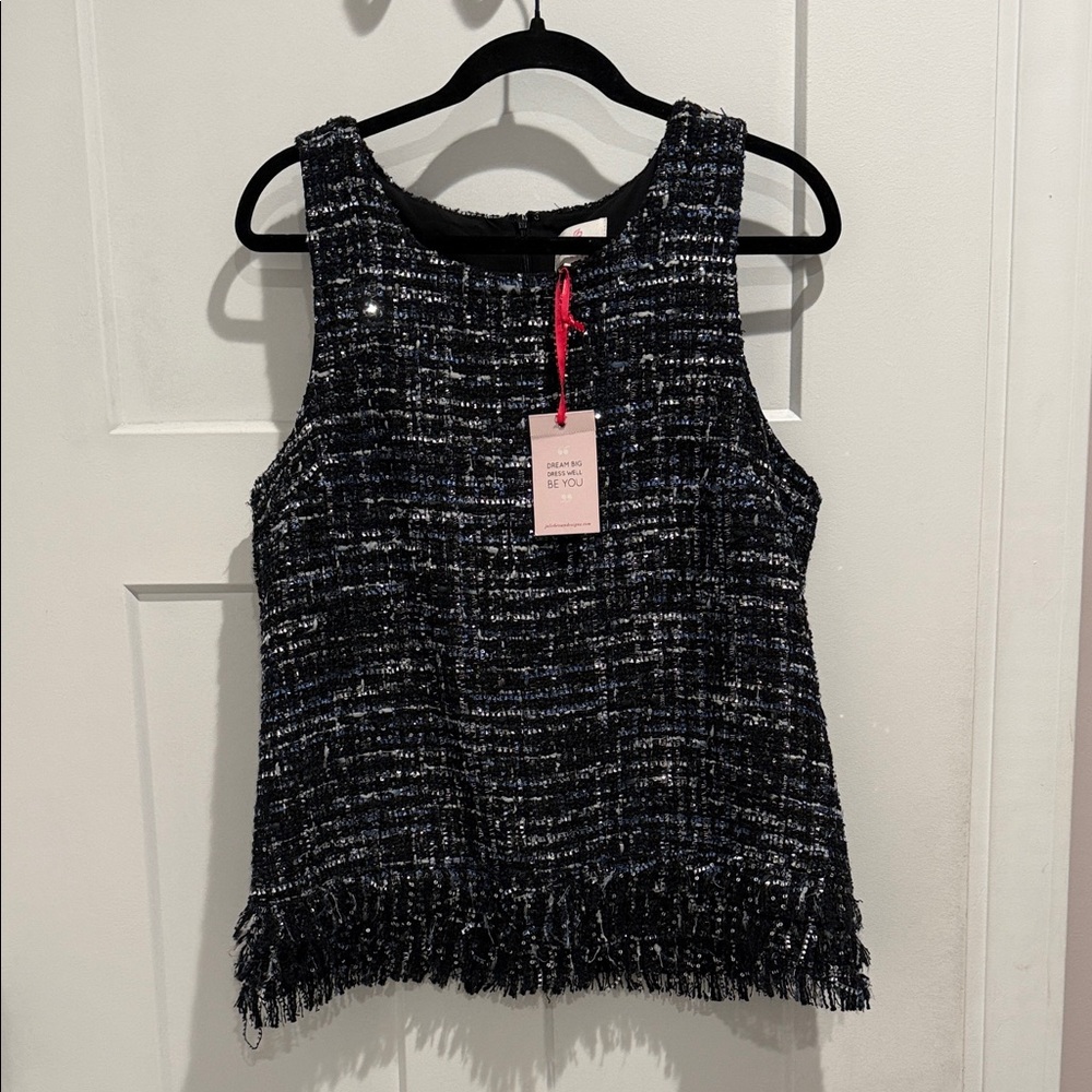 JB by Julie Blue & Black Tweed Sleeveless Fringe Top